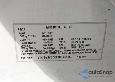 2021 Tesla Model Y Long Range Dual Motor All-Wheel Drive z USA, uszkodzony, nr VIN 5YJYGDEE0MF261369